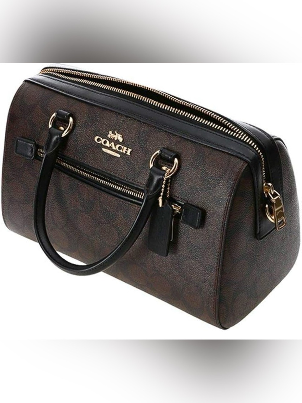 Coach Med Rowan Brown Signature Bowling Bag with Black Trim